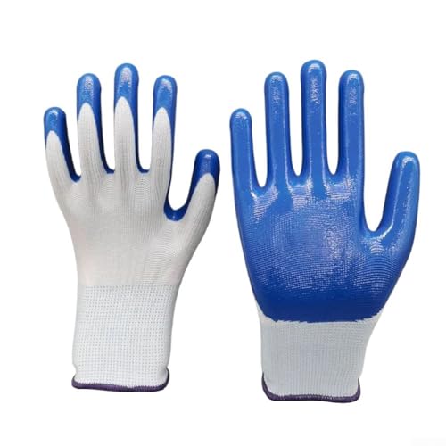 Guantes de trabajo de nitrilo, paquete de 12, para jardinería y construcción, diseño transpirable y antideslizante para un mejor agarre (azul)