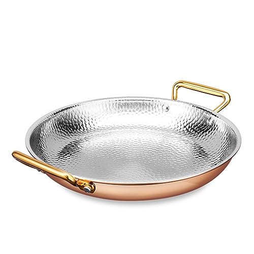 HQHYGM 10 Sizes Spanish Paella Pan Stainless Steel Uncoated Nonstick Skillet with Double Handles Hand Hammered Frying Pans Cookware for Homes or Restaurants Tray(Rose Gold 22cm)