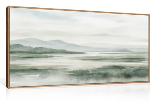 HOURIA Large Watercolor Misty Green Mountain Framed Canvas Wall Art,Neutral