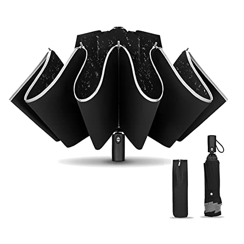 KASTEWILL Paraguas Plegable Inverso Automático, Compacto Paraguas Invertido anti-viento con antirrebote Segura y 360° Franja Reflectante, Paraguas Portátil de Viaje para Hombres y Mujeres, Negro