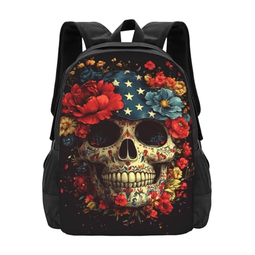 Image of Floral Skull Print Backpack For Men Women Lightweight Daypack For Daily Commutes Business Travel Hiking