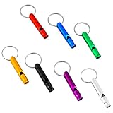JUSTMIKEO Set of 5 Extra Loud Whistles for Camping Hiking Hunting Outdoors Sports and Emergency Situations, Sturdy but Light Aluminium Key Chain Signals RANDOM Colors