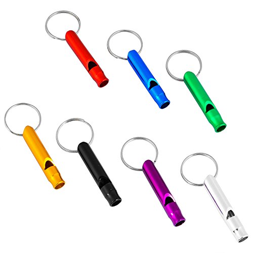 JUSTMIKEO Set of 5 Extra Loud Whistles for Camping Hiking Hunting Outdoors Sports and Emergency Situations, Sturdy but Light Aluminium Key Chain Signals RANDOM Colors