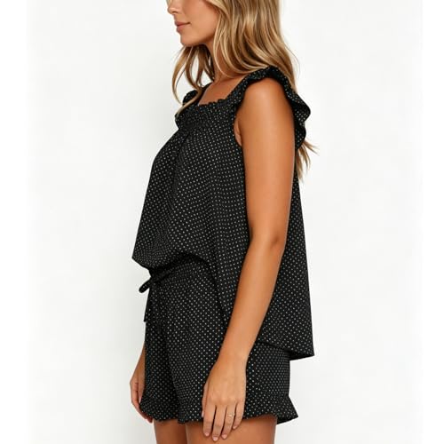 Image of SOOKABEILA Women 2 Piece Lounge Set Sleeveless Striped Cami Peplum Top Boxer Shorts Loose Ruffle Matching Pj Sets Outfits
