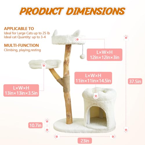 Real Wood Modern Cat Tower, Climbing Tower Cats Tree with Scratching Post and Ball, Cat Furniture with Flower Bed for 37.5\" Tall, Branch Luxury Condo for Indoor Wood Cats Large Adult Tree, Warm White - Thumbnail 2