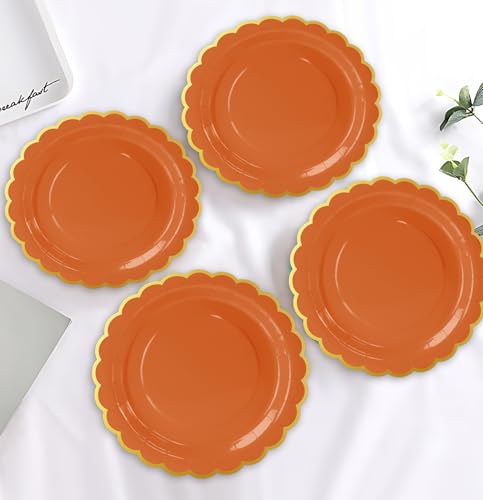 Image of HEIPINIUYE 50 Pieces Orange Paper Plates with Gold Foil 9 Inch Disposable Orange Scalloped Dinner Plates for Wedding Baby Shower Birthday Thanksgiving Party Dessert Plate