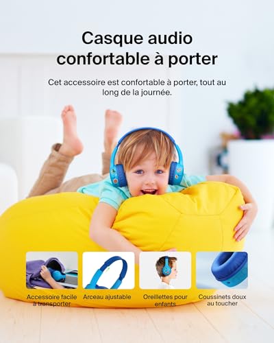 Belkin SoundForm Mini Casque Audio sans Fil pour Enfants avec Micro intégré (Circum-aural, autonomie de 30 h, pour Apprentissage, Voyages, Autocollants Amusants, pour iPhone, iPad, Galaxy) - Bleu