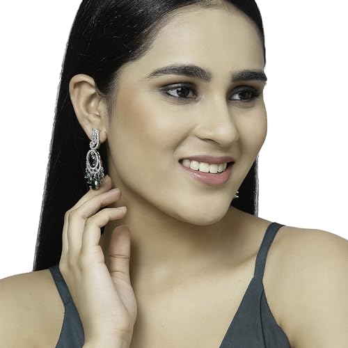 Image of ZENEME Rhodium-Plated American Diamond Studded Oval & Leaf Shaped Drop Earrings For Girls and Women