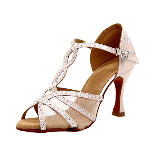 Chaussures de danse talons hauts en cuir bronze et satin noir de 7.5 cm