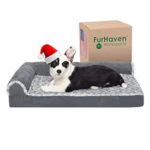 Furhaven Pet 44341087 Medium Two-Tone Faux Fur & Suede Chaise Lounge Orthopedic Sofa Pet Bed, Stone Gray