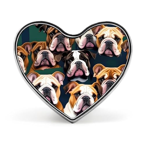 Lindo broche de solapa de metal con forma de corazón de bulldog inglés, insignia redonda ligera para camisas, sombreros y chaquetas.