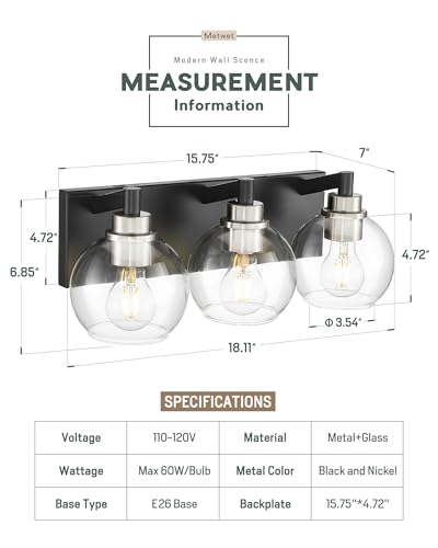 Image of Bathroom Light Fixtures, 3-Light Black and Brushed Nickel Bathroom Vanity Light, Modern Wall Sconces with Globe Clear Glass Shade, Vanity Lighting Fixtures Over Mirror, VL195-KN-3