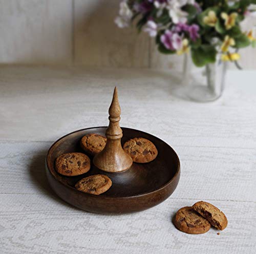STORE INDYA Hand Carved Wooden Serving Tray With Dome Shaped Handle Platter (Round-Brown) - Thumbnail 3