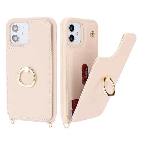 Image of for iPhone 11 Phone Case with Card Holder and Strap for Women,Crossbody Lanyard,Kickstand Ring Stand,Snap Clasp,Phone Wallet Cases 6.1 inch(Beige)