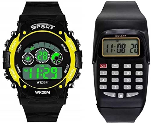 ADNOCKDigital Yellow 7 Lights,Black Calculator Combo Watches for Kids.(Pack of 2)