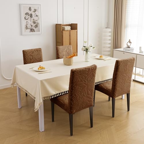 Image of House of Quirk Stretchy Universal Camellia Jacquard Waterproof Chair Cover Removable & Washable Short Dining Chair Cover Protector Seat Slipcover (Camel,Pack of 1)