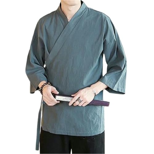 Túnica de estilo chino para hombre en algodón y lino manga tres cuartos