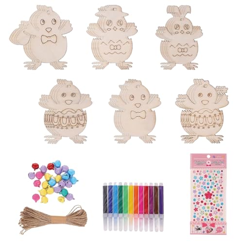 Eidoct Easter Wooden Chick Crafts Set 24Pcs Unfinished Wooden Chicken Shape Crafts DIY Wooden Hanging Decorations Wooden Painting Hanging Tag Ornaments, with string watercolor pen sticker bell (Chick)