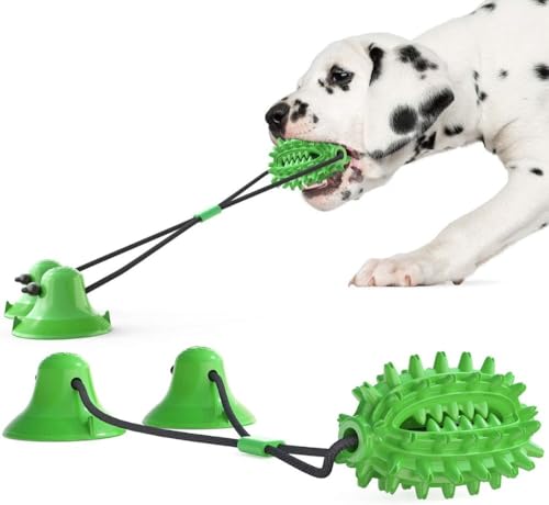 Citybaby犬用噛むおもちゃ 吸盤ロープ付き 医療用シリコン製 高耐久性 大型/中型/小型犬対応 ストレス解消&歯石予防 噛みつき防止 家具保護設計 知育トイ&トレーニング用 一人遊び可能 室内用 (ダブル吸盤サボテン犬用歯ブラシ グリーン)