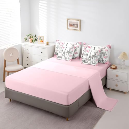 Image of Eiffel Tower King Size 7 Pcs Bedding Sets with Sheets,Comforter,Pillowcases,Pillow Covers French Building Decor Romantic Style Comforter Set Pink Rose Hot Air Balloon Bedroom Dorm Bed Set