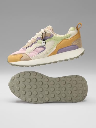 Image of The Souled Store Trailz: Pastel Crest Women and Girls Low Top Sneakers | Light Pink, Green, Lavender & Mustard Retro Trainer with Microfiber Suede, Breathable Mesh & Cushioned Insole