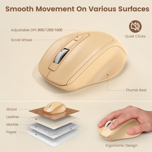 Image of Wireless Keyboard and Mouse Combo, Retro Round Keycaps, Full-Size Stylish Typewriter Keyboard with Phone /Tablet Holder, Ergonomic Mouse with 3-Level DPI, 2.4GHz Connection for Windows /PC (Milk-Tea)