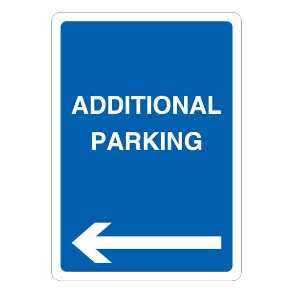 Vsafety Additional Parking - Arrow Left 297 x 210 2mm Super-Tough Rigid Plastic Safety Sign, Blue