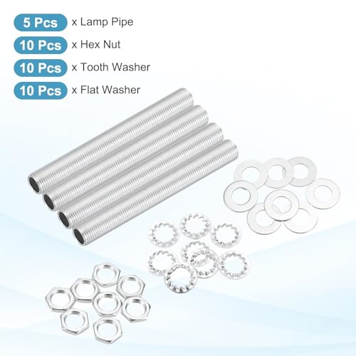 Image of MECCANIXITY 35Pcs 3.5 inch Lamp Pipe Nipples Kit with Hex Nuts Washers, M10 Fine Threaded Hollow Tube Repair Hardware Fasteners Assortment for Assembly Chandelier Ceiling Lamp DIY, Silver