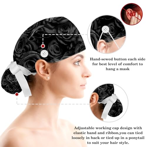 Image of Red Blooming Rose Flowers Black Working Cap with Scrunchy and Ribbon Tie for Women, Long Hair