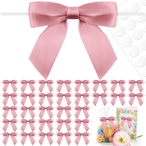 50 Pcs Rose Gold Satin Ribbon Bows, 3.5" x 3.5", with Twist Ties