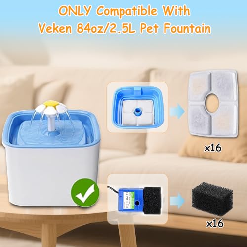 16 Pack Replacement Filters & 16 Pack Pre-Filter Sponges for Veken 84 oz / 2.5L Automatic Pet Water Fountain, Triple Filtration Cat Fountain Replacement Filter