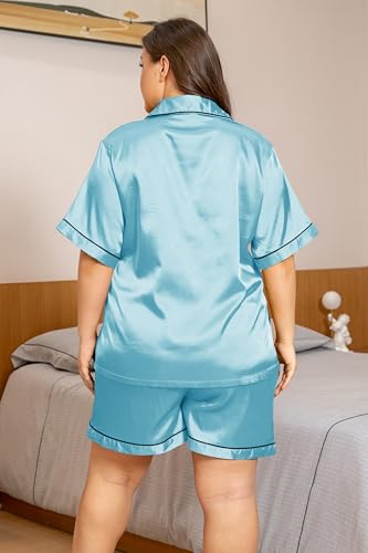Image of Vozanet Women's Short Sleeve Satin Pajama Sets Silky Ladies Button Down Loungewear Plus Size Nighty Shorts Sets XL to 5XL