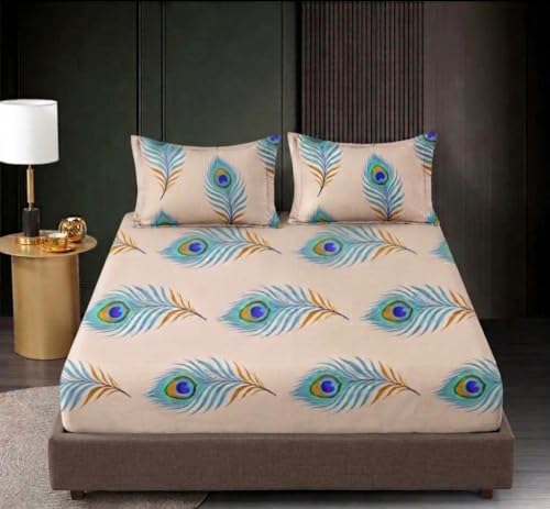 Image of Castiqa Elastic Fitted Supersoft Premium Polycotton 200TC Super King Size 108x108Inch Jointless Bedsheet with 2 Pillow Covers (Pankh, Super King 108x108inch (12 inch Mattress))