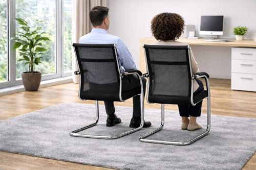 Image of MLU Black Mesh Visitor Chairs Set of 2 - Ergonomic Guest Office Chair with Breathable Mesh Back, Soft Cushion Seat, Chrome Cantilever Frame, Comfortable Armrests - Modern Reception Chair (Black)