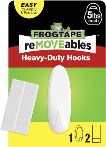 Image of FrogTape reMOVEables Heavy Duty Wall Hooks - No Damage - Easy to Remove & Reuse - Large Wall Hook with Adhesive Strips - Holds up to 5 lbs - Includes 1 Hook and 2 Strips - White (Pack of 5)
