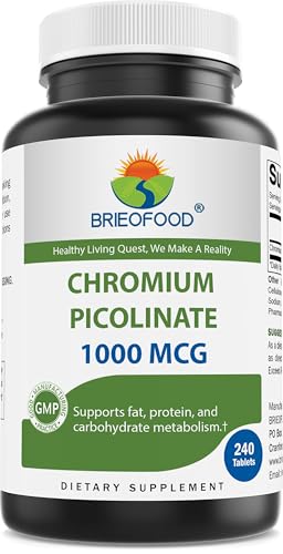 Brieofood Chromium Picolinate 1000 mcg Pills - 240 Tablets - 240 Servings - Non-GMO Gluten Free