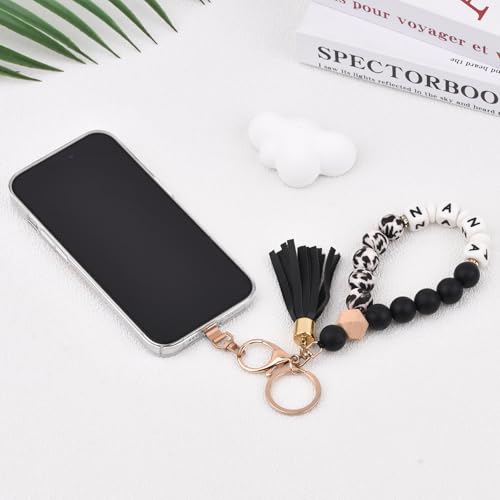 Image of BAOSIWA Silicone Key Ring Bracelet Wristlet Keychain Unique Beaded Bangle Key Chains for Women with Leather Tassel