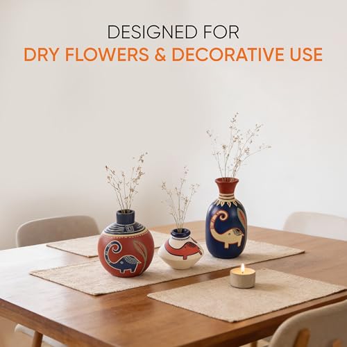 Image of Aakriti Art Creations Happy Elephant Vases Set of 3 in Red, Blue & White | Hand-Painted Madhubani Art Terracotta Flower Vases | Matte Finish Decorative Vases for Living Room, Table Decor & Gifting