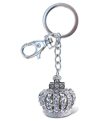 Aqua79 Crown Elegant Keychain - Silver 3D Sparkling Charm Rhinestones Fashionable Stylish Metal Alloy Durable Key Ring Bling Crystal Jewelry Accessory With Clasp For Keychain, Purse, Backpack, Handbag #TOP19
