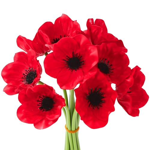 Ovveroche 10PCS Red Artificial Poppy Flowers Fake PU Floral Stems Real Touch Silk Like Wedding Memorial Day Decor Bouquet Centerpieces Home Arrangements