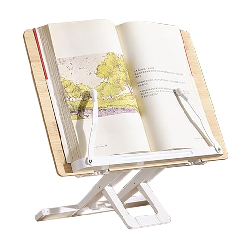 Book Stand for Reading, Bamboo Recipe Cookbook Holder for Kitchen, Adjustable Book Holder with Page Clips for Music Scores, Recipe, Magazines, Laptop (Original Wood + White)