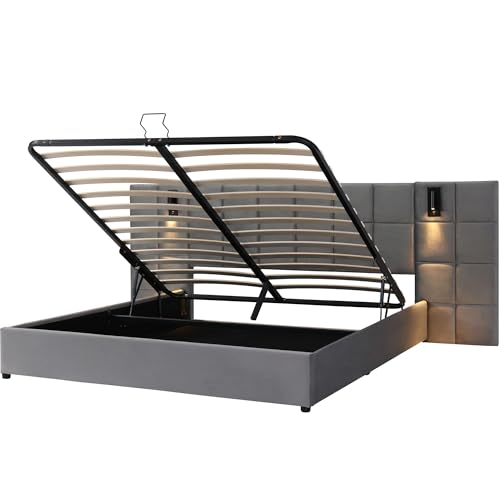Merax Polsterbett 160x200cm mit Leselicht und USB-Aufladung, Doppelbett mit Lattenrost und Kopfteil, Funktionsbett mit Stauraum für Erwachsene & Jugend, Samtstoff, Grau (Ohne Matratze & Nachttisch) – Bild 7