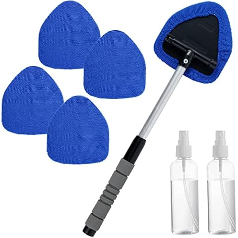 Car Windscreen Cleaner Car Window Cleaner with 5 Reusable Washable Microfiber Pads Windshield Cleaning Tool with Telescopic Handle Car Window Demister Car Glass Cleaning Kit (Blue Triangle) Cover
