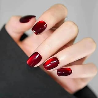 Shimmery Cherry Red Cat Eye Press on Nails Medium Length Squoval Gel Acrylic False Nails Fake Nail Art Tips Manicure Kits