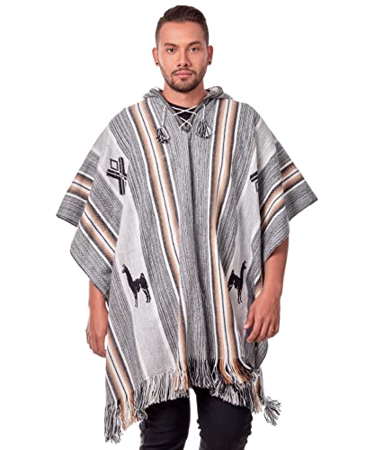 Alpaca Hooded Poncho for Men - Hippie Cloak Cape with hood - Mens Traditional Serape knitted with alpaca wool (White)3