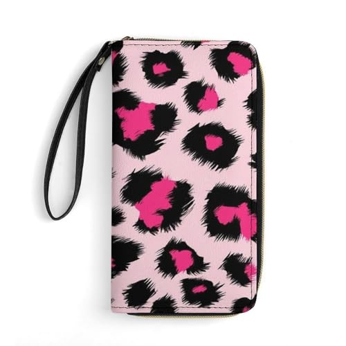 Travel Purse Fashion Design, Huge Storage Capacity Wallet With Rope, Cute Decor Purse, Long PU Zipper Wallet Pink Cheetah Animal Skin Leopard Print