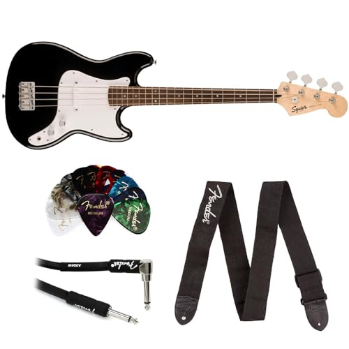 Fender 0373800506 Sonic Bronco Bass Laurel Fingerboard White Pickguard Black Bundle with Fender Logo Guitar Strap Black, 12-Pack Celluloid Picks, and Straight/Angle Instrument Cable
