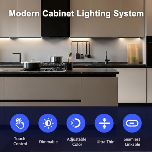 Image of VST Under Cabinet Lighting 6 Pack, Touch Control LED Cabinet Light Bars, Dimmable & Adjustable Color Temperature 2700K-6500K, Ultra Thin Linkable Under Counter Lights for Kitchen, Closet & Display