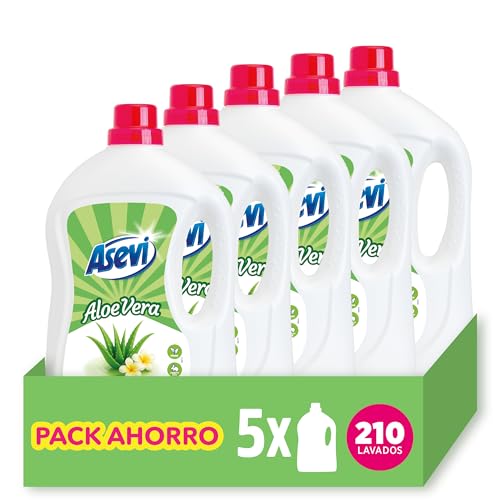 Asevi Detergente Líquido para Lavadora Aloe Vera - Detergente para Ropa Blanca y de Color con Fórmula Concentrada - Frescura Natural para la Ropa - Pack 5-210 Lavados