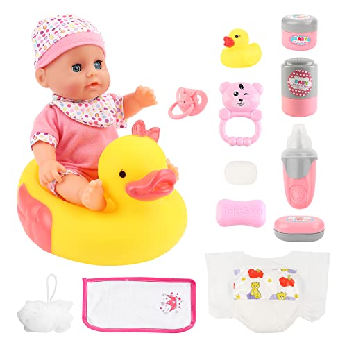 deAO Baby Doll Set WaterBabies Doll 14 PCS Accessories for Kids Bathtime Baby Doll-11 Inch Baby Doll with Yellow Rubber Bath Ducks for 3+ Girls Boys Kids